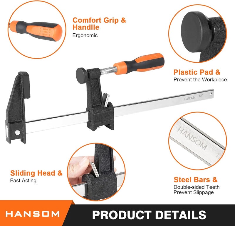 HANSOM 6-Pack 12”(4)&6”(2) Bar Clamps,Wood Clamps Heavy Duty Force 600 Lbs Adjustable and Release Quickly,Woodworking Clamps Throat Depth 2.5 inch with Plastic Handle - Image 4